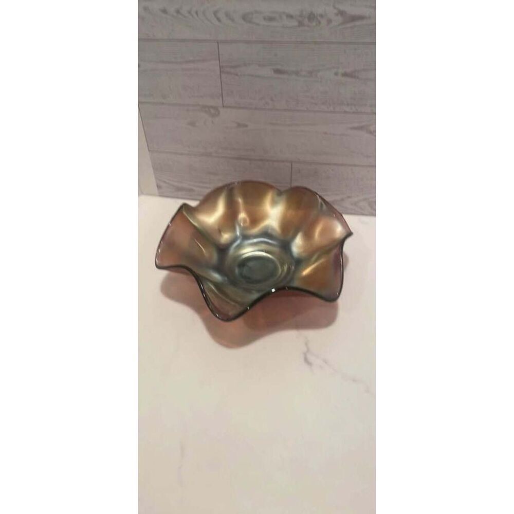 VTG marigold carnival glass ruffled bowl.